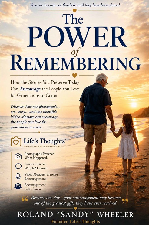 Book cover for 'The Power of Remembering' featuring an elderly man and a young girl walking hand in hand on a sunset beach, title above. Attracts themes of memory and legacy.